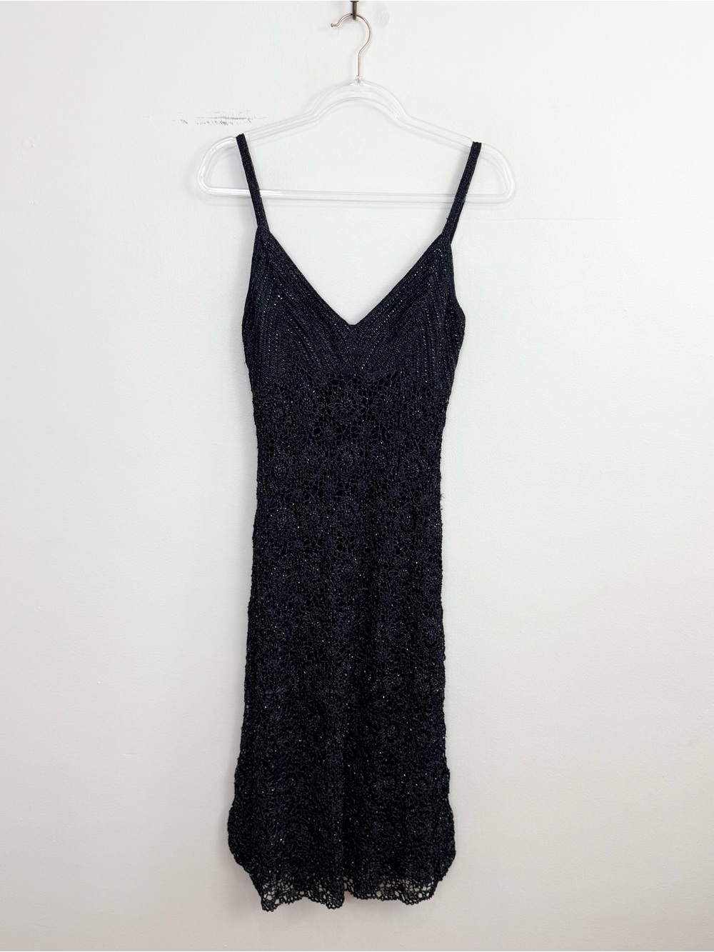 Vintage Y2K Carmen Marc Valvo Metallic Crochet Knit Navy Maxi Dress Size Medium